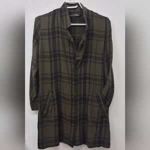 Zara Olive Plaid Button Shirt Dress Tunic Medium